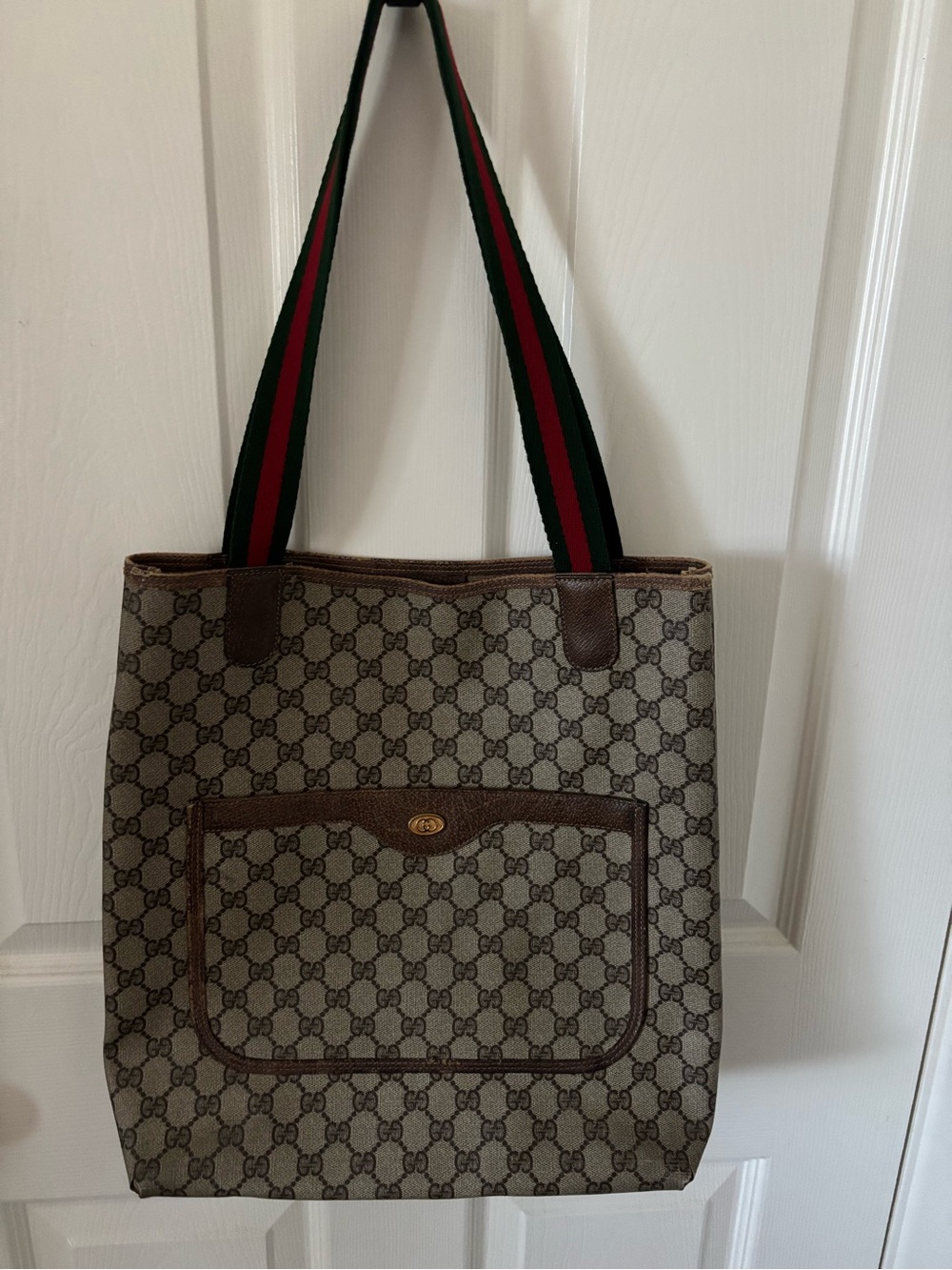 Vintage Gucci Brown GG Supreme Canvas Tote with Green/Red Web Straps